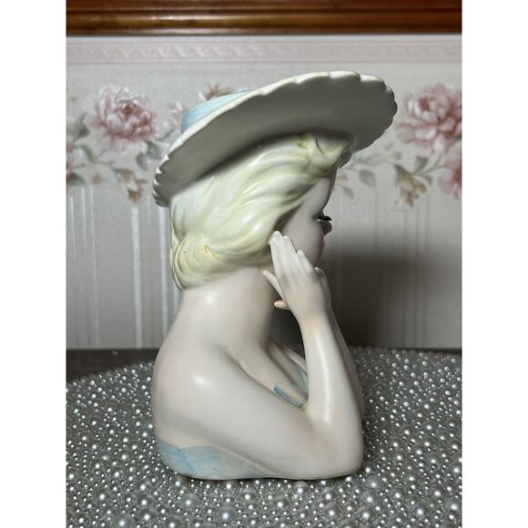 Vintage Lefton White 2900 Lady Head vase, Brimmed Hat No Foil - Picture 11 of 15